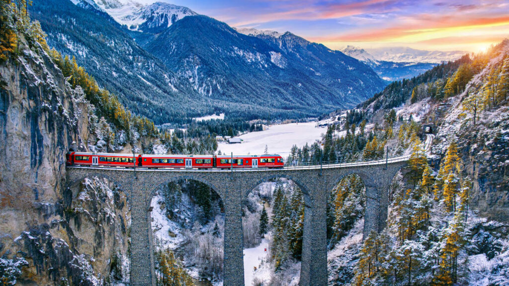Slow Train Journey Swiss Alps to Turin: Winter Scenic Rail