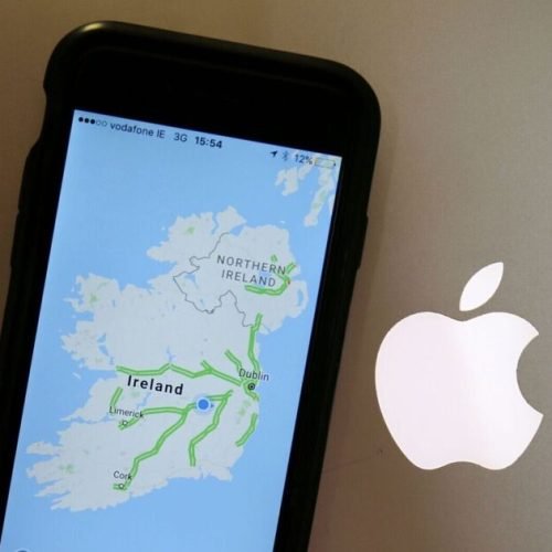 A map of Ireland beside the Apple logo, as the tech giant vowed to overturn a record 13 billion euro (&pound;11.1 billion) bill after European chiefs found it had a sweetheart tax deal in Ireland.