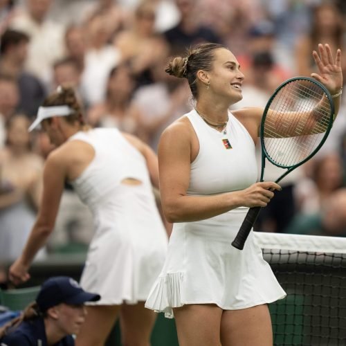 Jul 6, 2025; Wimbledon, United Kingdom; Aryna Sabalenka celebrates winning her match against Elise Mertens of Belgium on day seven at the All England Lawn Tennis and Croquet Club. Mandatory Credit: Susan Mullane-Imagn Images
