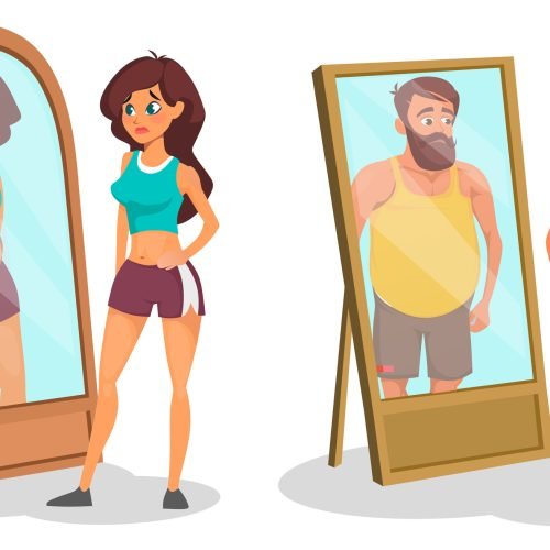 Fat and slim people with reflection in mirrors, bigorexia or muscle dysmorphia vector illustration. Different between body shapes cartoon design. Desire to lose weight. Illusion and reality concept. Isolated on white background